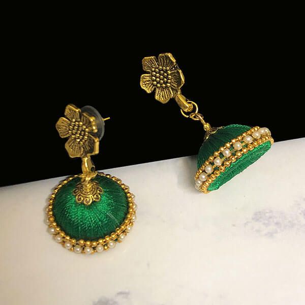 Forest Green Color Silk Thread Jhumka Earring with Antique Gold Color Flower Stud