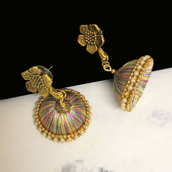 Multi Color Silk Thread Jhumka Earring with Antique Gold Color Flower Stud