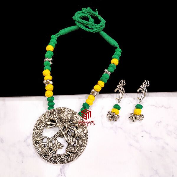 Sunshine Yellow Cotton Bead Silver Antique Finish Goddess Durga