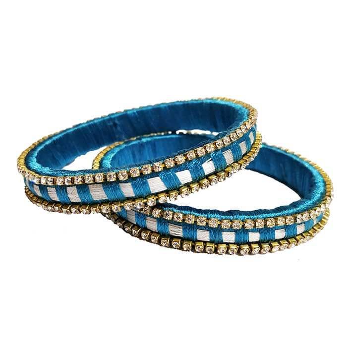 Handmade Silk Thread Blue and White Check Designer Bangles Stone Chain Decorated