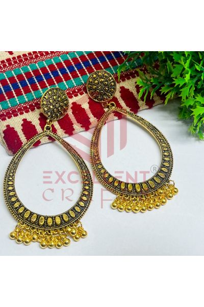 Drop Shape Oxidised Jhumka Earring Set - XL Size-Gold