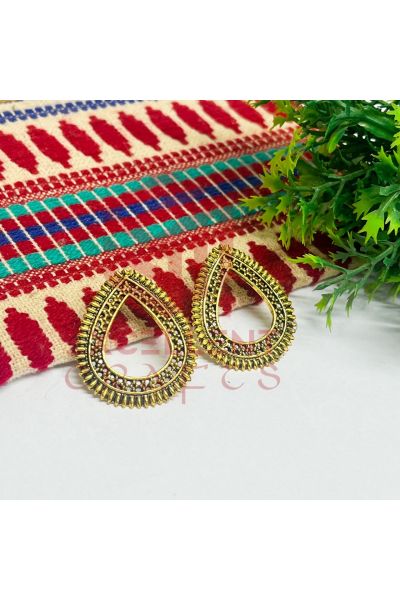 Drop Shape Tribal Design Earring Stud Bezels-Gold