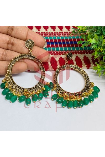 Big Round Jhumka Earrings Neon Green Glass Beads Hangings -Gold