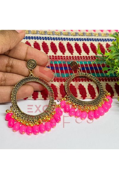 Big Round Jhumka Earrings Neon Pink Glass Beads Hangings -Gold