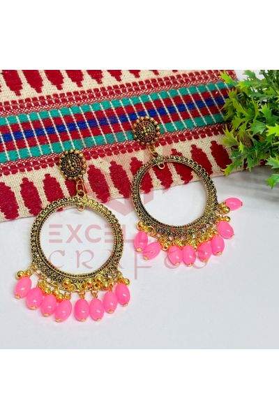 Jumka Earrings Baby Pink Glass Beads Hangings - Round -Gold