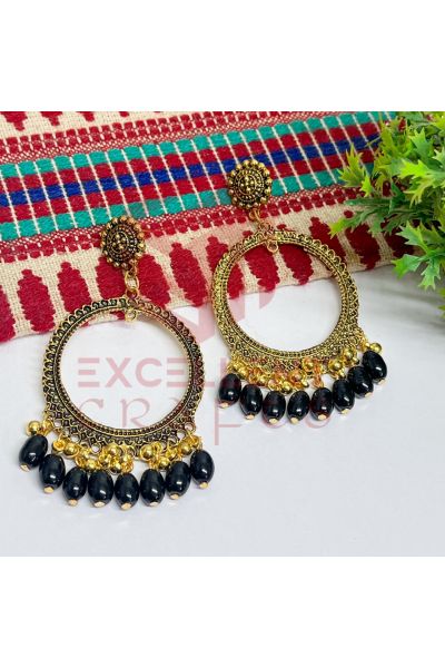 Jumka Earrings Black Glass Beads Hangings - Round -Gold