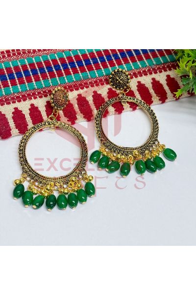 Jhumka Earrings Green Glass Beads Hangings - Round -Gold
