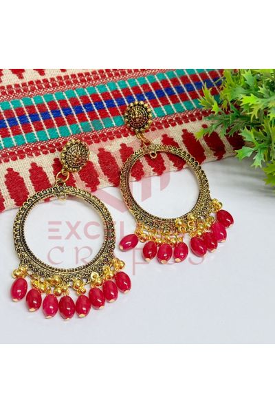 Jhumka Earrings Magenta Pink Glass Beads Hangings - Round -Gold