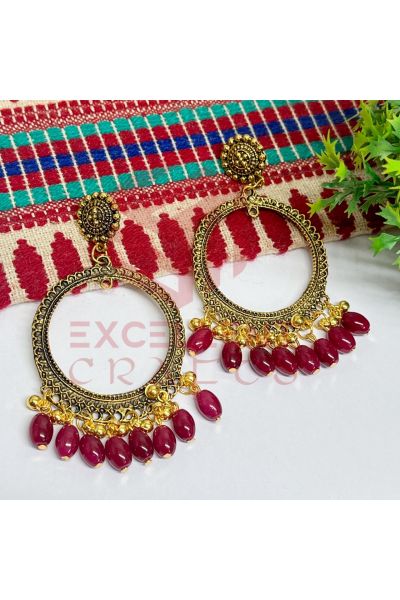 Jhumka Earrings Maroon Glass Beads Hangings - Round -Gold