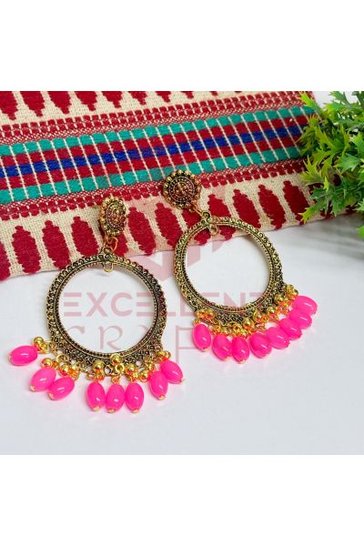 Jhumka Earrings NeonPink Glass Beads Hangings - Round -Gold