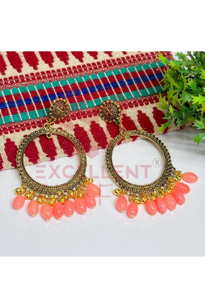 Jhumka Earrings Peach Glass Beads Hangings - Round -Gold