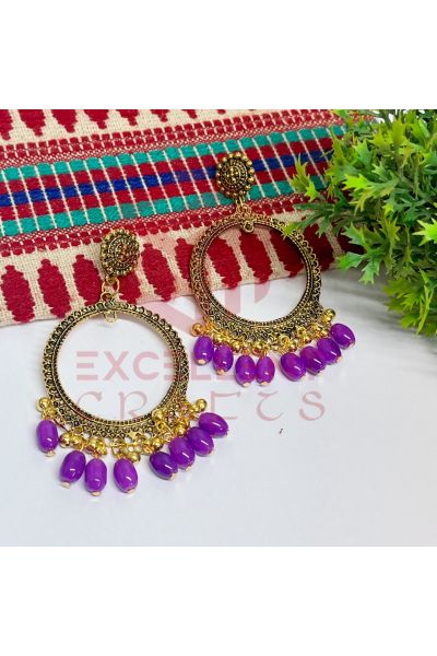 Jhumka Earrings Purple Glass Beads Hangings - Round -Gold