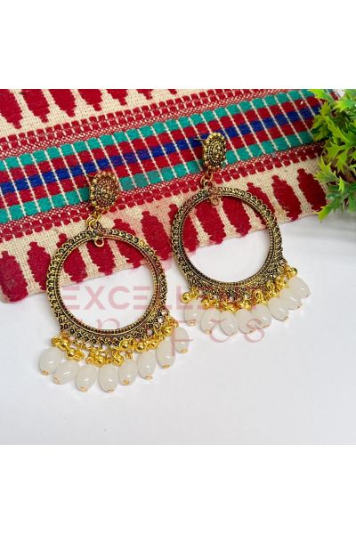Jumka Earrings White Glass Beads Hangings - Round -Gold