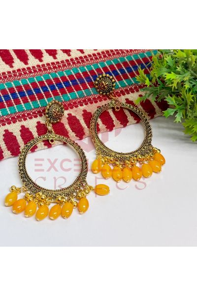 Jumka Earrings Yellow Glass Beads Hangings - Round -Gold
