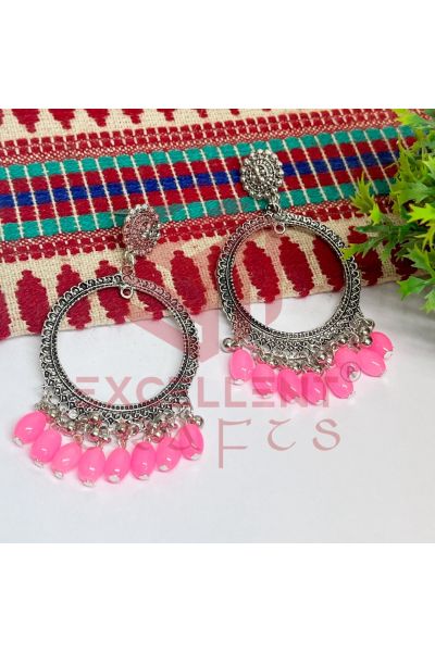 Jhumka Earrings Baby Pink Glass Beads Hangings - Round -Silver