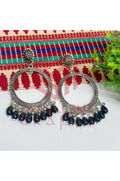 Jhumka Earrings Black Glass Beads Hangings - Round -Silver