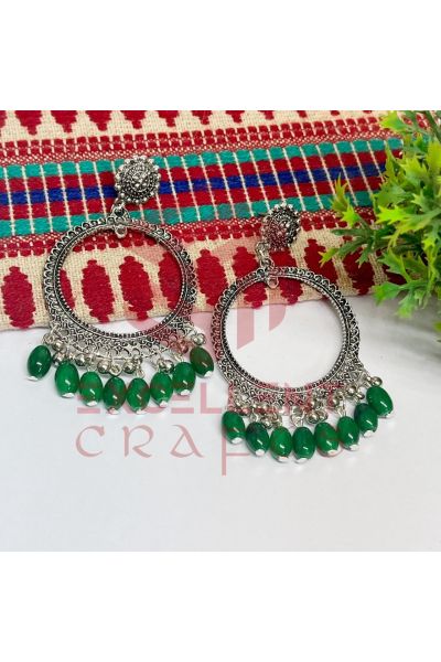 Jhumka Earrings Green Glass Beads Hangings - Round -Silver