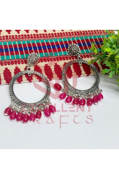 Jhumka Earrings Magenta Pink Glass Beads Hangings - Round -Silver