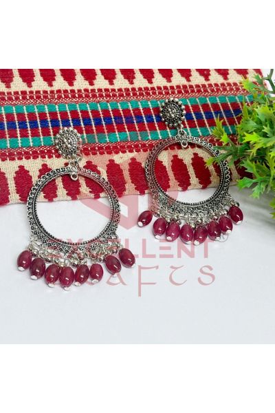 Jhumka Earrings Maroon Glass Beads Hangings - Round -Silver