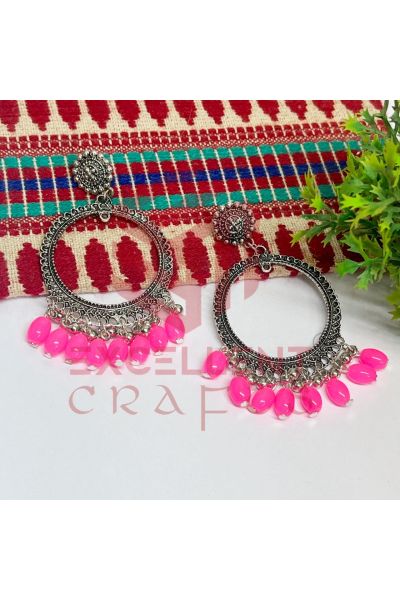 Jhumka Earrings NeonPink Glass Beads Hangings - Round -Silver