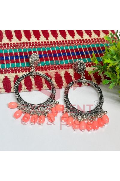 Jhumka Earrings Peach Glass Beads Hangings - Round -Silver