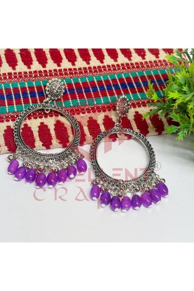 Jhumka Earrings Purple Glass Beads Hangings - Round -Silver