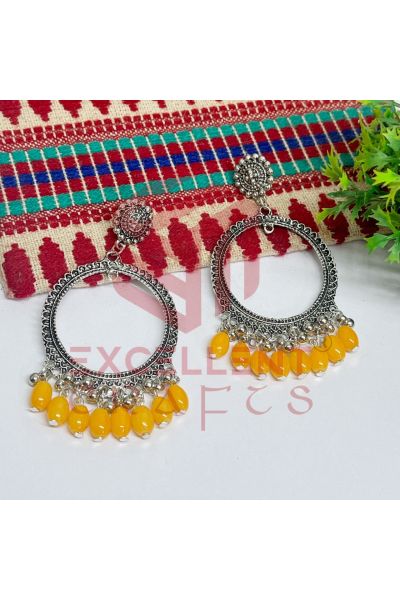 Jhumka Earrings Yellow Glass Beads Hangings - Round -Silver