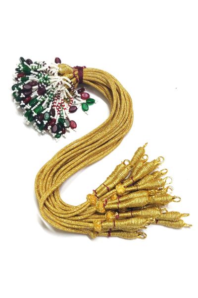 Gold Color 13-Inch Zari Thread Braided Necklace with Hook & Pearl Glass Bead Tassel - Pack of 6 Pcs