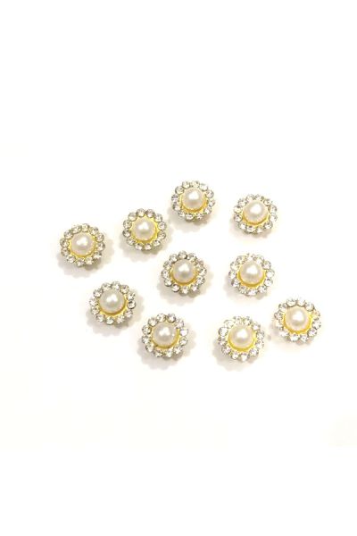 10mm Flower Shape Shiny Finish Round White Pearl Button with 1 Layer of White Stones 