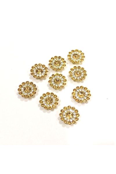 12mm Flower Shape Shiny Finish Round  Gold Stone Button with 2 Layer of Stones (Gold White) 