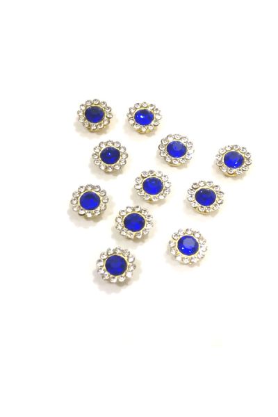 10mm Flower Shape Shiny Finish Round Blue Stone Button with 1 Layer of White Stones 
