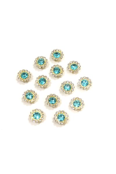 10mm Flower Shape Shiny Finish Round Ajatha Blue Stone Button with 1 Layer of White Stones 