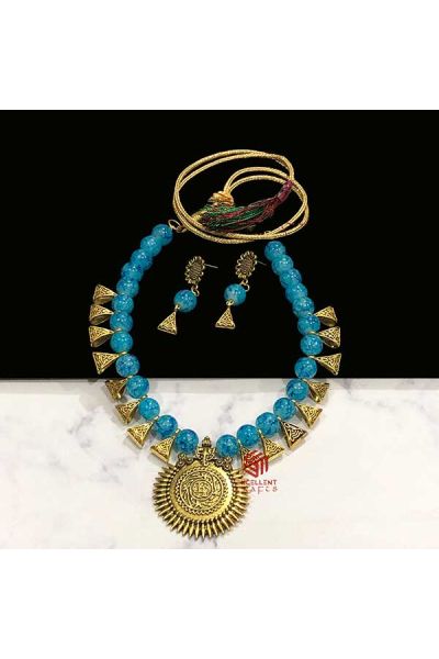Round Shape Blue Color Antique Gold  Finish Textured Glass Bead Bail Necklace Set
