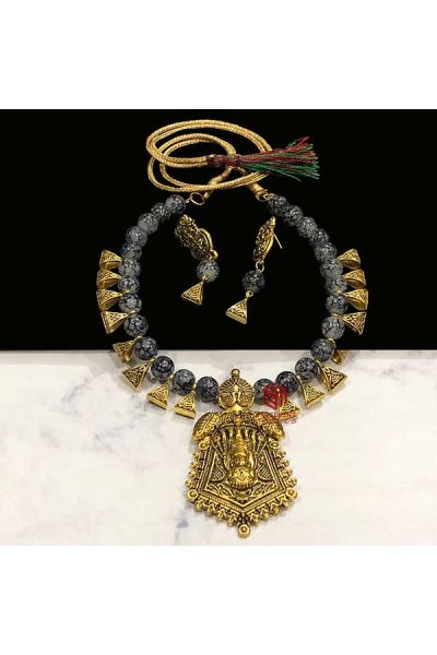 Trapezium Shape Grey Color Antique Gold  Finish Textured Glass Bead Bail Necklace Set