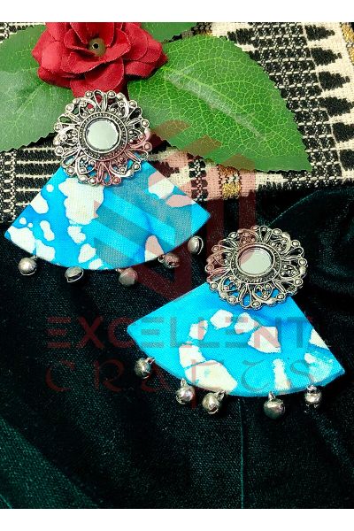 Triangle Shape Light Blue Color Batik Fabric Mirror Earrings