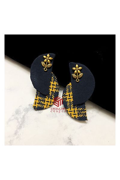 Half Circle Shape Yellow Color Check Pattern Cotton Fabric Earrings