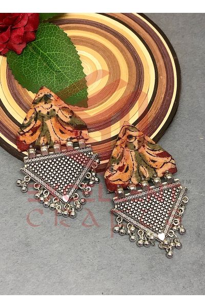 Red Color Kalamkari Print Trapeze Earrings