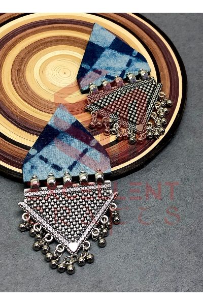 Indigo Fabric Print Trapeze Earrings