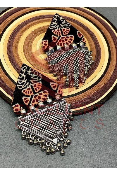 Black Ajrak Fabric Trapeze Earrings
