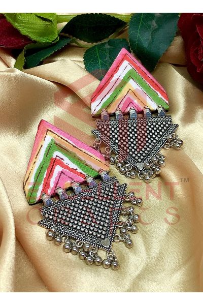 Pink and Green Chevron Pattern Trapeze Earrings