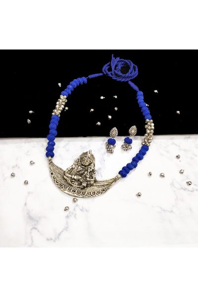 Royal Blue Cotton Bead Silver Antique Finish Goddess Parvathi and Lord Ganesha Pendant Ethnic Handmade Necklace Set Design 2