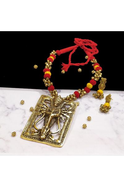 Red and Sunset Yellow Cotton Bead Gold Antique Finish Goddess Durga Pendant Ethnic Handmade Necklace Set Design 4