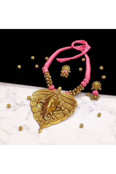 Candy Pink Cotton Bead Gold Antique Finish Lord Ganesha Pendant Ethnic Handmade Necklace Set Design 6