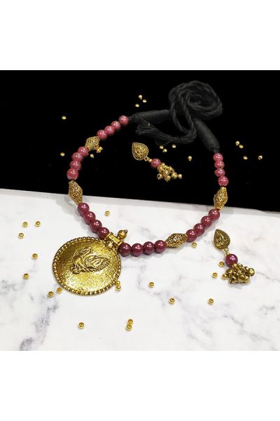 Dark Brown Pearl Bead Gold Antique Finish Peacock Pendant Ethnic Handmade Necklace Set Design 1