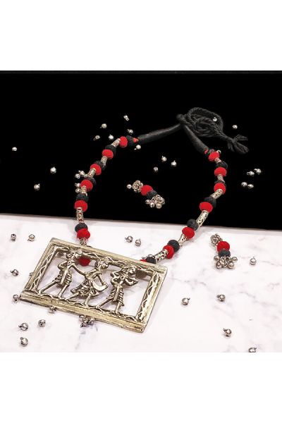 Red and Black Cotton Bead Silver Antique Finish Tribal People Pendant Ethnic Handmade Necklace Set Design 1