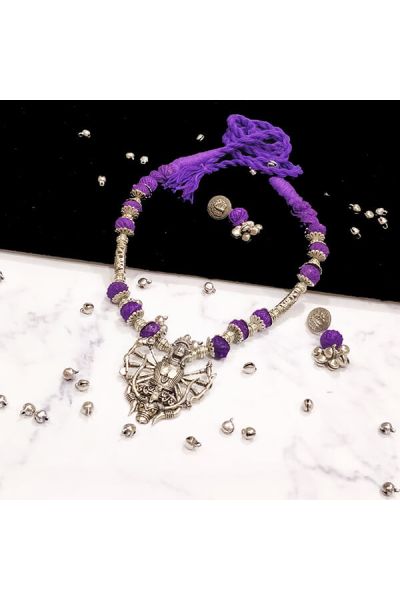 Purple Cotton Bead Silver Antique Finish Goddess Durga Pendant Ethnic Handmade Necklace Set Design 4