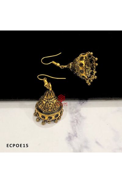 Beautifully Leaf crafted Design Gold Antique Finish Cone Shape Oxidised Jumka Earrings (Pack of 1 Pair)