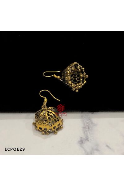 Oval Jali Cut Design Hexagon Shape Oxidised Jumka Earrings Gold Antique Finish  (Pack of 1 Pair)