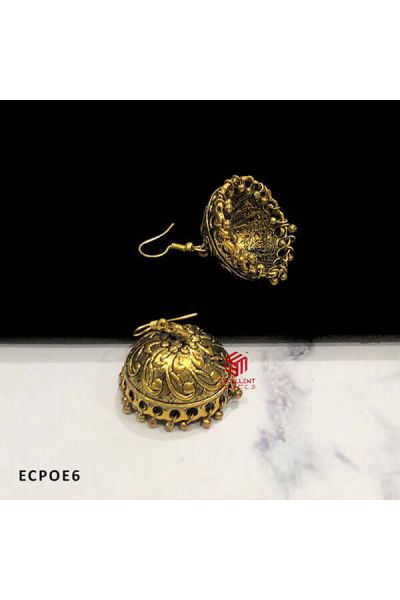 Antique Finish Gold Dome Shape Oxidised Jumka Earrings Leaf Design (Pack of 1 Pair)