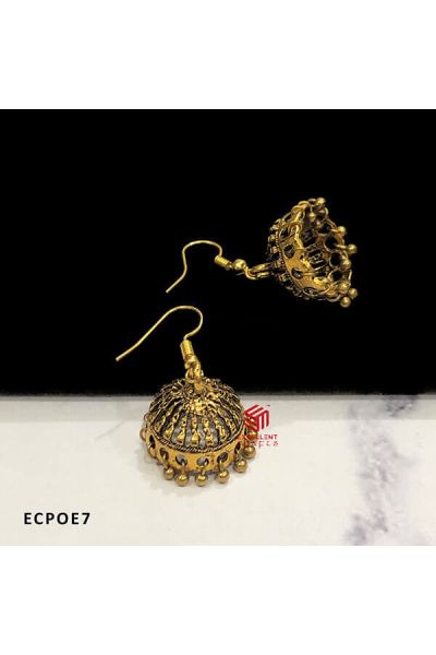 Handicrafted Sriped Jali Cut Design Gold Antique Finish Dome Shape Oxidised Jumka Earrings (Pack of 1 Pair)